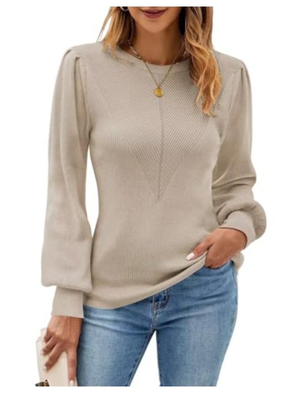 Women's Ribbed Knit Fitted Pullover Sweater Long Sleeve Crew Neck